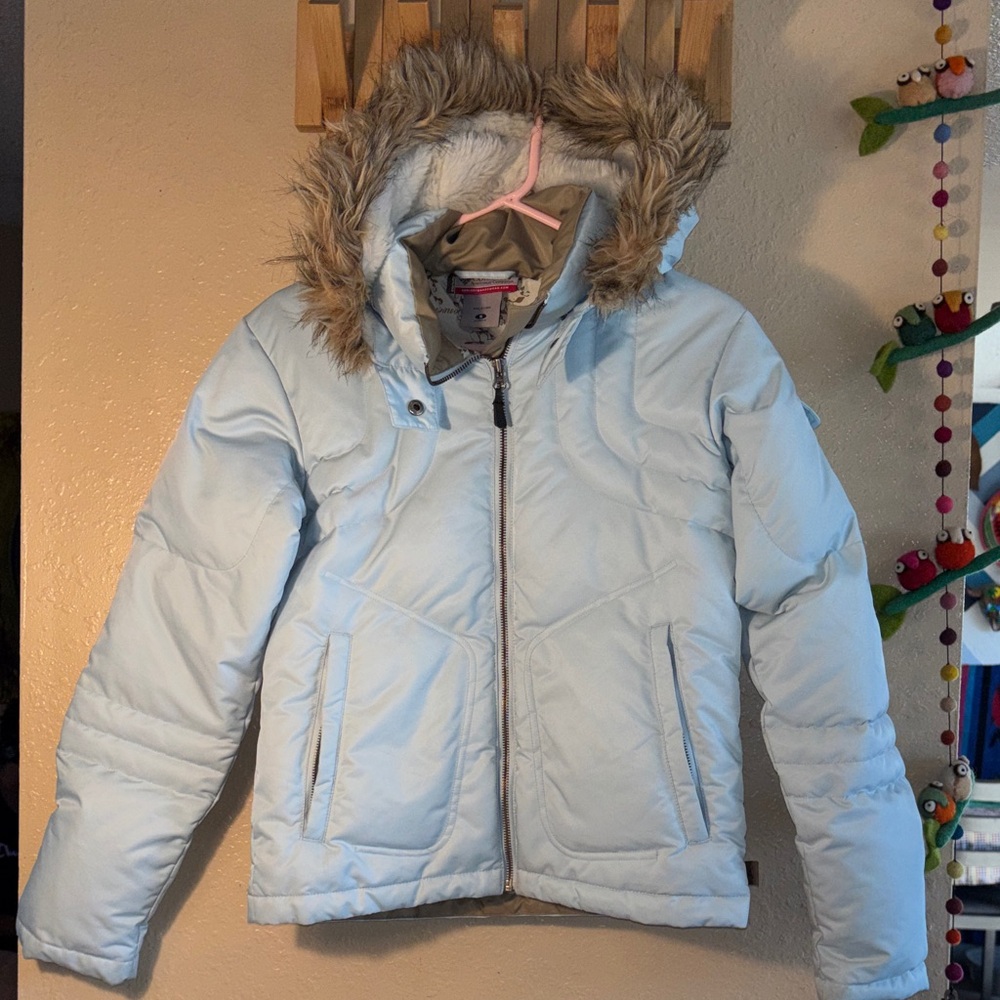 EUC Columbia Women's Convert Down Winter Jacket in baby blue with a faux fur-li